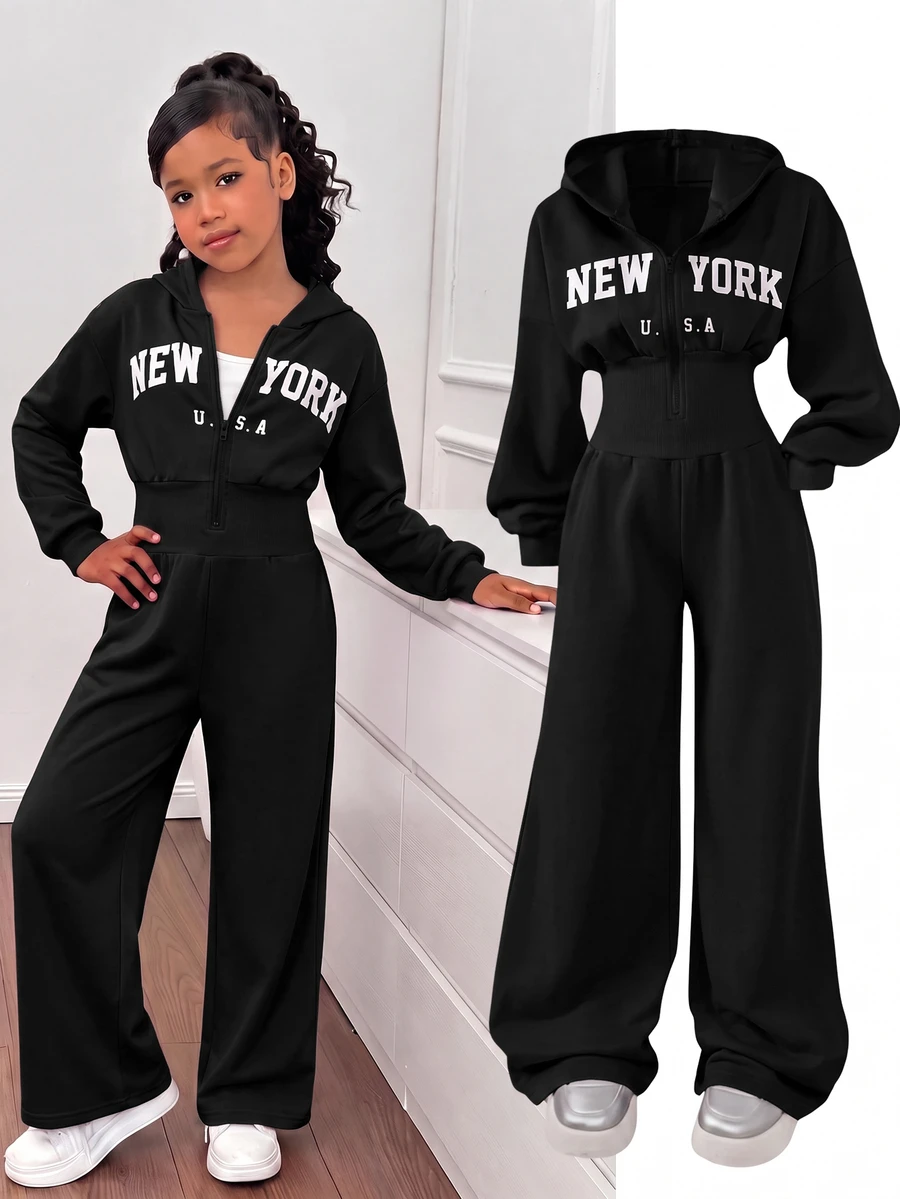 SHEIN 少女時尚極簡純色連帽拉鍊印字字母高腰秋冬連身褲 - 黑色 - 查看 1