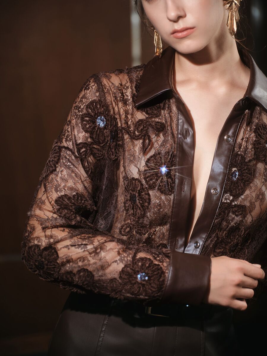 Anewsta Autumn/Winter New Lace Velvet Jacquard Patchwork PU Collar Fashion Versatile Shirt - Coffee Brown - View 1