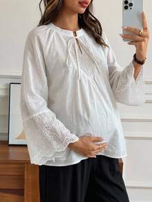Dazy Maternity 拼接寬鬆套頭襯衫，綁帶蝴蝶結喇叭袖，休閒度假日常春秋上衣，孕婦襯衫 - 白色 - 查看 8