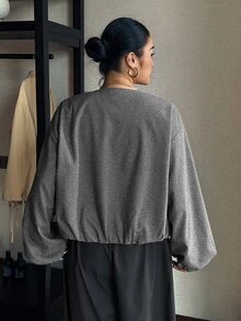Livesso Small Round Neck Loose Lantern Sleeve Design Jacket, New Autumn/Winter Blogger Casual Outfit Wool Blend - Grey - View 2