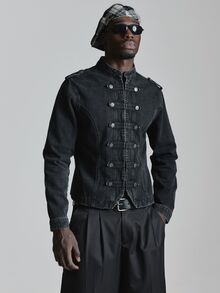 Musero Military Button Detail Denim Jacket Long Sleeve Shoulder Epaulesttes Button Closure Autum Winter Essentials - Black - View 1