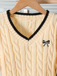 SHEIN 青少年女孩刺繡時尚粗針編織長袖街頭風毛衣 - 黃色 - 查看 7