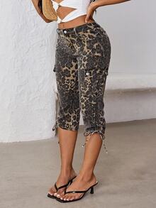 SHEIN CURVE+ Plus Size Women's Leopard Print Casual Versatile Daily Wear Cropped Denim Jeans - Multicolor - View 5