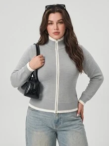 Solavibe Cardigan Wanita Ukuran Plus Motif Blok Warna Kasual Tradisional Serbaguna untuk Sehari-hari, Kantor Formal, Abu-abu, Musim Semi - Grey - View 4