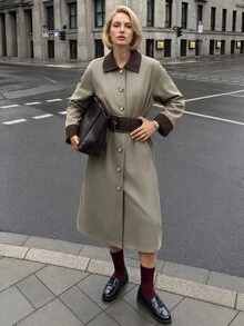 Struktiv Jaket Trench Coat Panjang Abu-Hijau untuk Wanita, Pakaian Kasual Sehari-hari, Musim Gugur/Dingin - Hijau - View 3