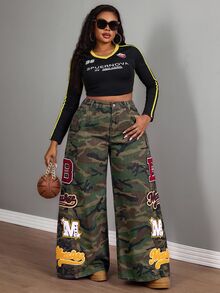 Slaydiva Plus Size Women Non-Stretch Denim Jeans Camouflage Print Design American Street Style Straight Leg Wide Leg Pants Cowboy Outfits For Women - Multicolor - View 3