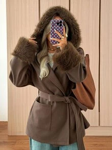 SHEIN EZwear Autumn/Winter Plush Patchwork Hooded Overcoat Jacket - Coffee Brown - View 7