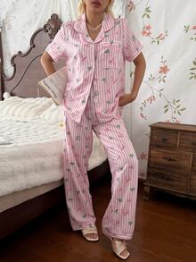 CottageSlumber Sweet Pink & White Striped Christmas Tree Bow Print Lapel Cardigan Loungewear 2 Pieces Set - Pink - View 3