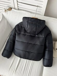 SHEIN 少女休閒百搭厚款連帽寬鬆長袖鋪棉外套，黑白波點抓絨可正反穿外套，秋冬款 - 黑與白 - 查看 2