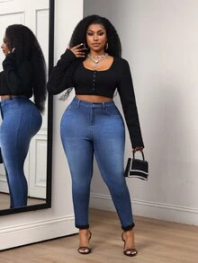 Slaydiva Plus Size Women's High Waist Skinny Casual Versatile Denim Jeans - Dark Wash - View 6
