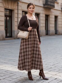 Chikora Plus Size Women's Patchwork Plaid Square Neck Long Sleeve Elegant Dress - Brown - View 3