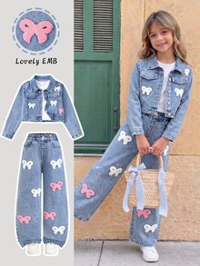 Girls Back To School Bow Towel Embroidery Denim Set, Sweet Short Denim Jacket With Wide Leg Denim Pants, Cute Washed Denim Outfit For School And Outings - Light Wash - View 3