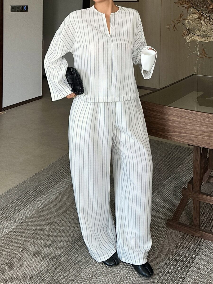 Dazy Plus Autumn Striped Loose Commuter Casual Wide Leg Long Pants Vacation 2 Pieces Set - White - View 1