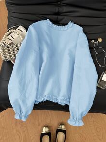 Muvela Women's Sweet Fashion Ruffle Trim Tie Front Blouse - Baby Blue - View 2