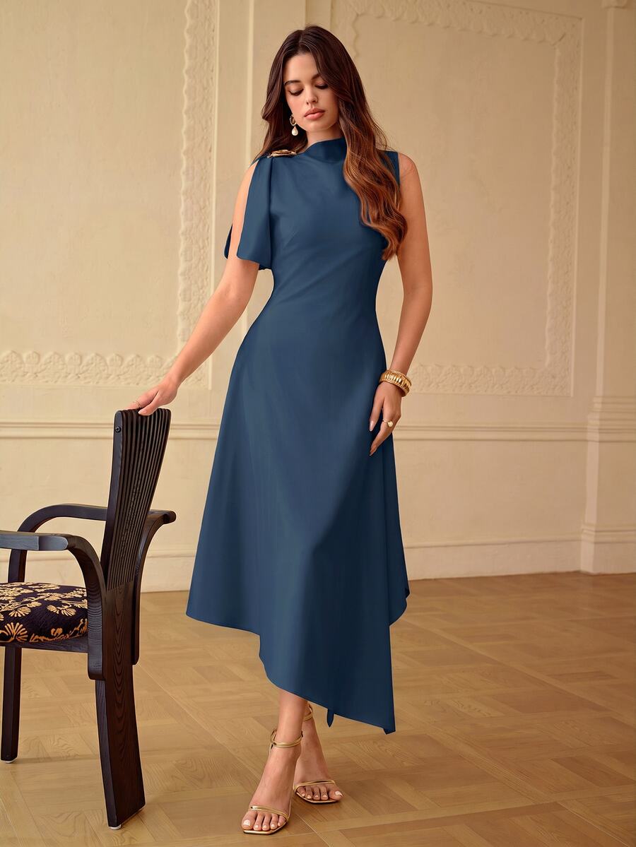 ZEYLAH Spring/Summer Asymmetrical Hem Asymmetrical Shoulder Dress - Dark Blue - View 1