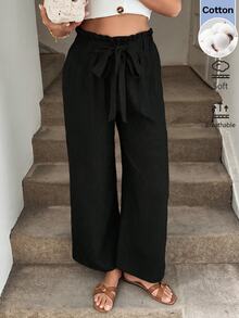 SHEIN LUNE 女款素色休閒百搭日常穿著長褲 - 黑色 - 查看 1