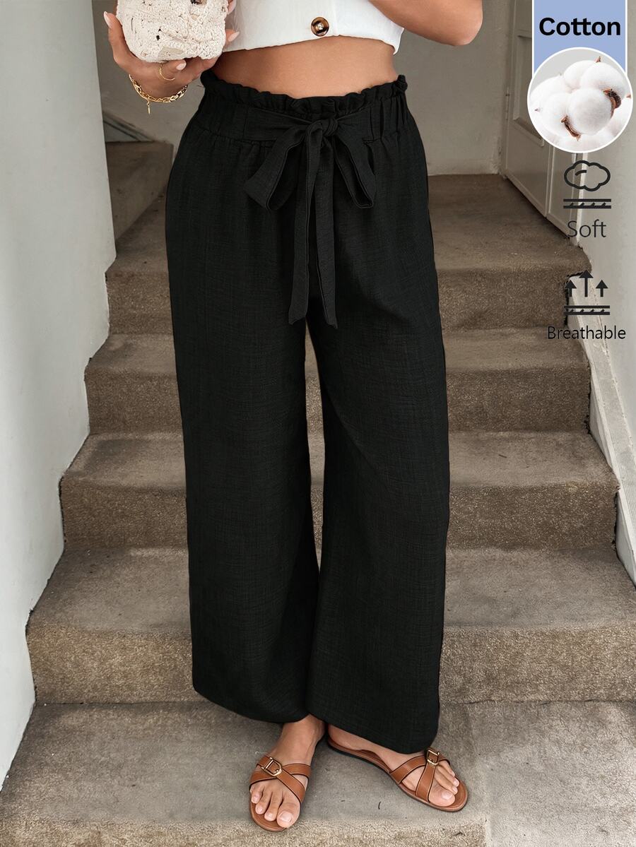 SHEIN LUNE 女款素色休閒百搭日常穿著長褲 - 黑色 - 查看 1