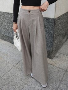 DAZY Women's Solid Color Pleated Wide Leg Loose Casual Long Pants - Brown - View 3