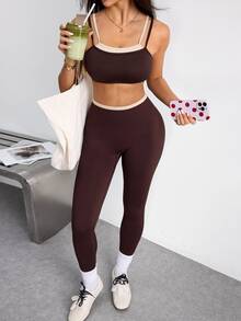 Dewbera Dewbera 1 Set Coffee Brown Double Spaghetti Strap Sports Set, Adjustable Cross Back Bra, Ribbed High Waist Leggings, Slim Fit, For Yoga Fitness Daily Summer - Coffee Brown - View 5