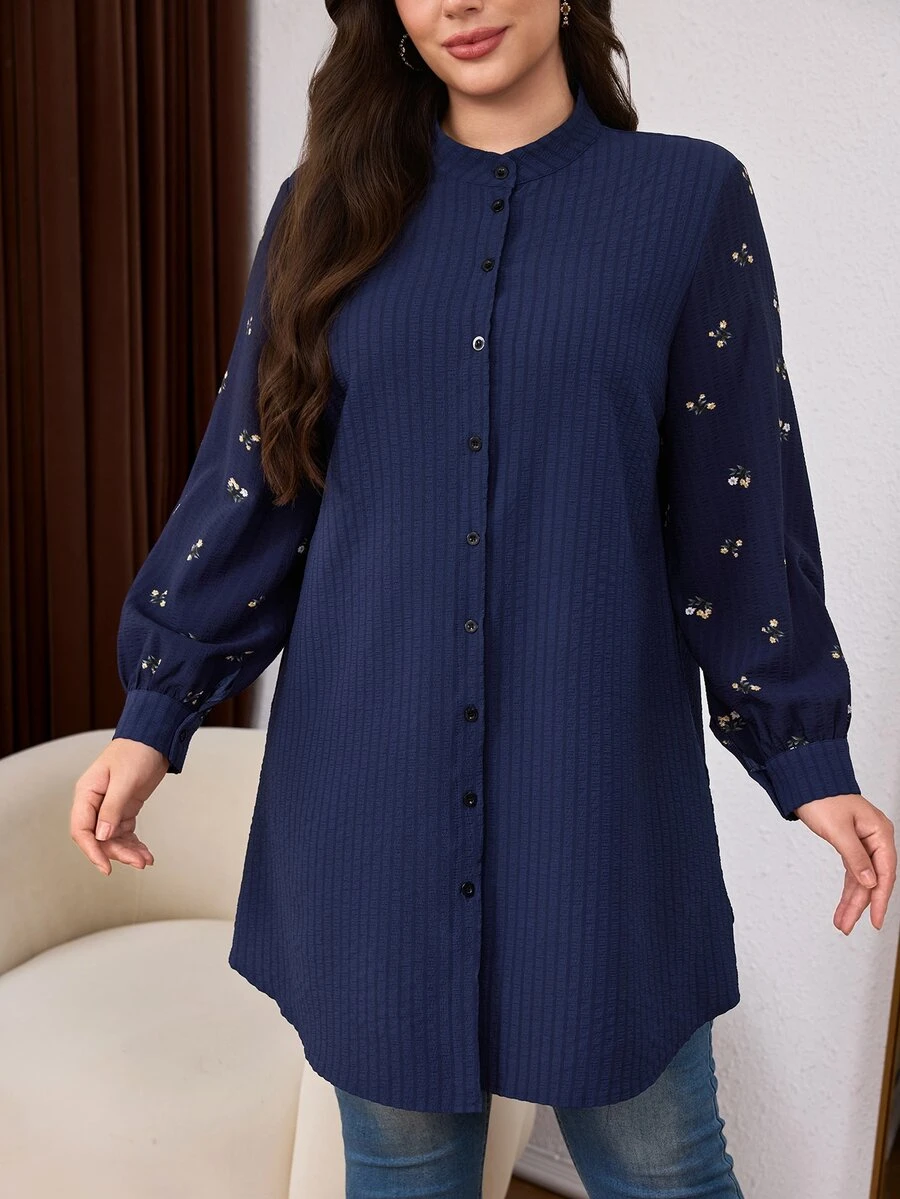Lacomfia Minimalist Casual Solid Color Patchwork Ditsy Floral Stand Collar Long Sleeve Loose Regular Fit Plus Size Shirt, Spring/Autumn - Navy Blue - View 1