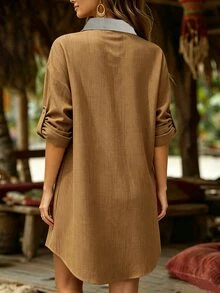 SHEIN LUNE CURVE Women's Plus-Size Autumn Shirt Dress: Cropped, Color-Block, Mock-Collar/Fold-Over Collar Design; Comfortable Style Suitable For Lounging Or Commuting - Khaki - View 2