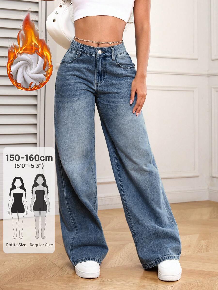 SHEIN PETITE Casual Washed Straight Leg Denim Jeans - Medium Wash - View 1