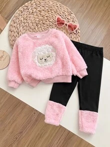SHEIN 2件組可愛女嬰毛絨卡通圖案長袖衛衣與彈性腰長褲套裝，秋冬款 - 粉色 - 查看 7