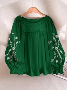 CosyJoli Plus Size Vacation Casual Floral Embroidered Shirt - Green - View 4