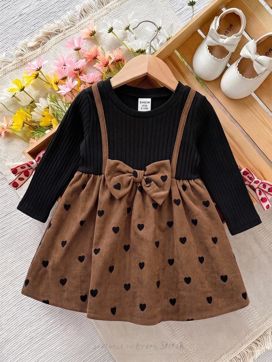 SHEIN Baby Girl Baby Girl Corduroy Heart Print Ribbed Textured Knit Pullover Sleeve Dress, Suitable For Autumn/Winter, Casual Versatile - Multicolor - View 1