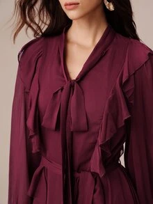 BELROSIE Fall Burgundy Solid Color Chiffon V-Neck Dress With Tie Scarf, Bowknot Strap Decor, French Romantic Style, Ruffle Trim, Elegant Party Dinner Women - Red Violet - View 7