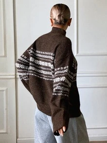 DAZY Women's Colorblock Pattern Jacquard Loose Long Sleeve Turtleneck Casual Vacation Korean Style Daily Autumn/Winter Pullover Knit Sweater - Brown - View 2