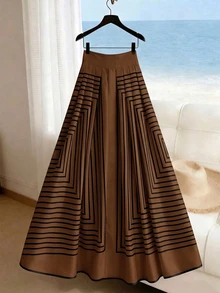 SHEIN Women's Waist Button Design Striped Casual Skirt - Brown - View 4