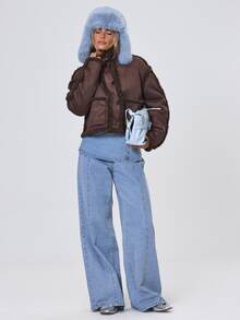 MUSERA Jaket Crop Top Kancing Depan Berbahan Suede Cokelat dengan Trim Bulu Imitasi untuk Musim Gugur/Musim Dingin, Gaya Keren untuk Kembali ke Sekolah/Liburan. - Coffee Brown - View 2