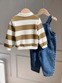 SHEIN 2件組中性新生兒嬰兒男孩/女孩秋冬可愛條紋領衛衣與牛仔吊帶褲套裝，男嬰套裝，男嬰秋季穿搭 - 彩色 - 查看 2