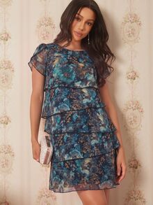 Amorya 深青色紋理圓領短袖洋裝 嘉年華服裝 女款 2026夏季服飾 優雅浪漫休閒派對雞尾酒會穿搭 - 彩色 - 查看 8