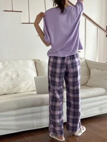 DAZY Women's Letter Print Drop Shoulder Sleeve Top And Plaid Long Pants Pajama Set - Purple - View 2