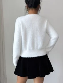 Elenzga Elegant Korean Style White Bowknot Round Neck Button Cardigan Women Long Sleeve Faux Mink Soft Versatile Fashion Top - White - View 2