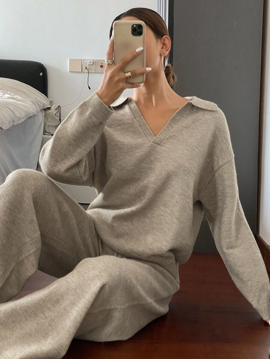 Livesso Petite Women's Solid Color Drop Shoulder Long Sleeve Sweater And Knit Pants Casual 2 Pieces Set - Khaki - View 1