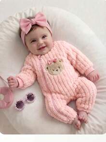 SHEIN Newborn Baby Cartoon Bear Design Plush Romper - Pink - View 2