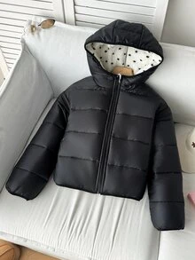 SHEIN 少女休閒百搭厚款連帽寬鬆長袖鋪棉外套，黑白波點抓絨可正反穿外套，秋冬款 - 黑與白 - 查看 4