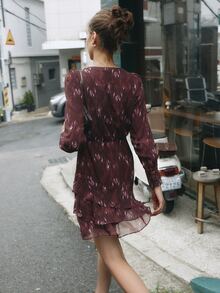 Nöista Gaun Mini Bermotif dengan Tali Leher dan Hem Berumbai. Musim Gugur/Musim Dingin, Pesta, Acara Malam, Makan Malam. - Burgundy - View 8