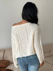 Dulcita Women's Autumn/Winter Asymmetrical Shoulder Round Neck 2-Way Wear Cable Knit Long Sleeve Loose Casual Versatile Knit Sweater - Apricot - View 2