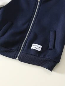 SHEIN 男女嬰幼兒 2件組 秋冬加厚抓絨內裡休閒時尚拼色拼接運動衫套裝，夾克套裝，棒球服套裝，嬰兒冬季套裝 - 藏蓝色 - 查看 5