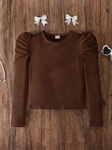 SHEIN 少女長袖上衣，女童純色泡泡袖修身長袖上衣，春夏/秋冬款，舒適百搭，時尚俏皮，適合日常穿著、外出、家庭聚會、時尚活動、學校，完美的聖誕與生日禮物 - 棕色 - 查看 3