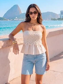 CAJUNI Women's Pleated Fashion Versatile Date & Travel Bandeau Top - Cream - View 7