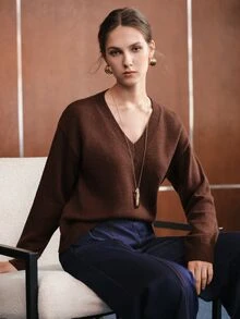 Anewsta Autumn/Winter Maillard Color Palette Multi-Color Dark Brown Sweater Women's Minimalist Slouchy Pullover Knit Top - Brown - View 1