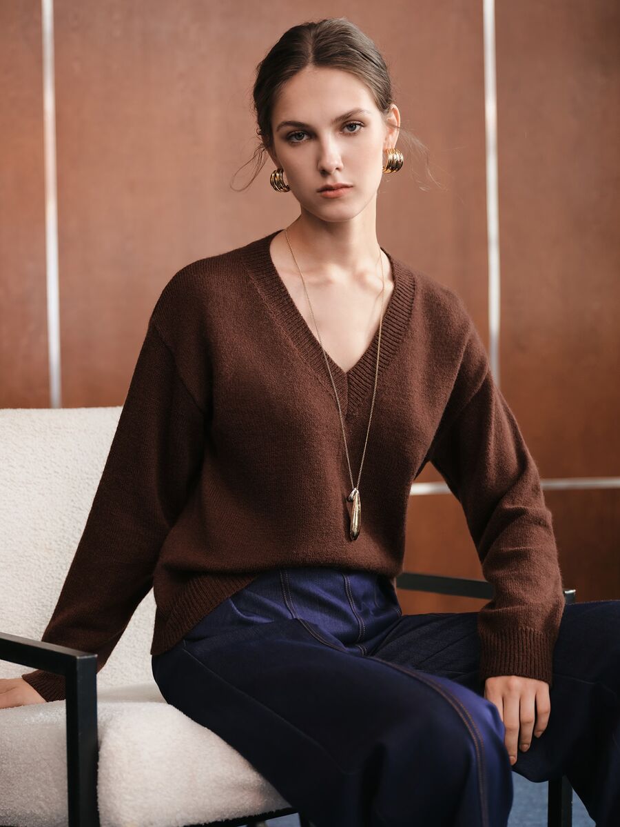 Anewsta Autumn/Winter Maillard Color Palette Multi-Color Dark Brown Sweater Women's Minimalist Slouchy Pullover Knit Top - Brown - View 1