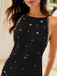 MOTF PREMIUM SPRING/SUMMER GENTLE ELEGANT DATE PARTY HIGH-END HEAVY BEADED SLIM FIT SPAGHETTI STRAP SHORT DRESS - Black - View 2