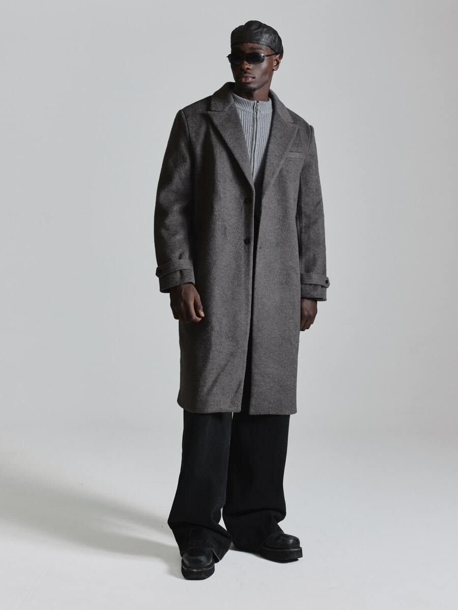 Musero Oversized Point Collar Belted Cuff Brushed Woolen Overcoat Autum Winter Essentials - Grey - View 1