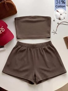 Comfortcana Spring/Summer Casual Navy Blue Cropped Bandeau Top And Shorts Plus Size 2 Pieces Set - Chocolate Brown - View 3